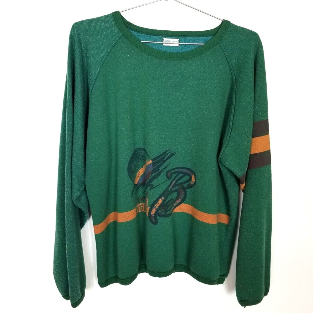 Vintage United Colors of Benetton Logo Sweatshirt Pullover Sz L Green Relaxed